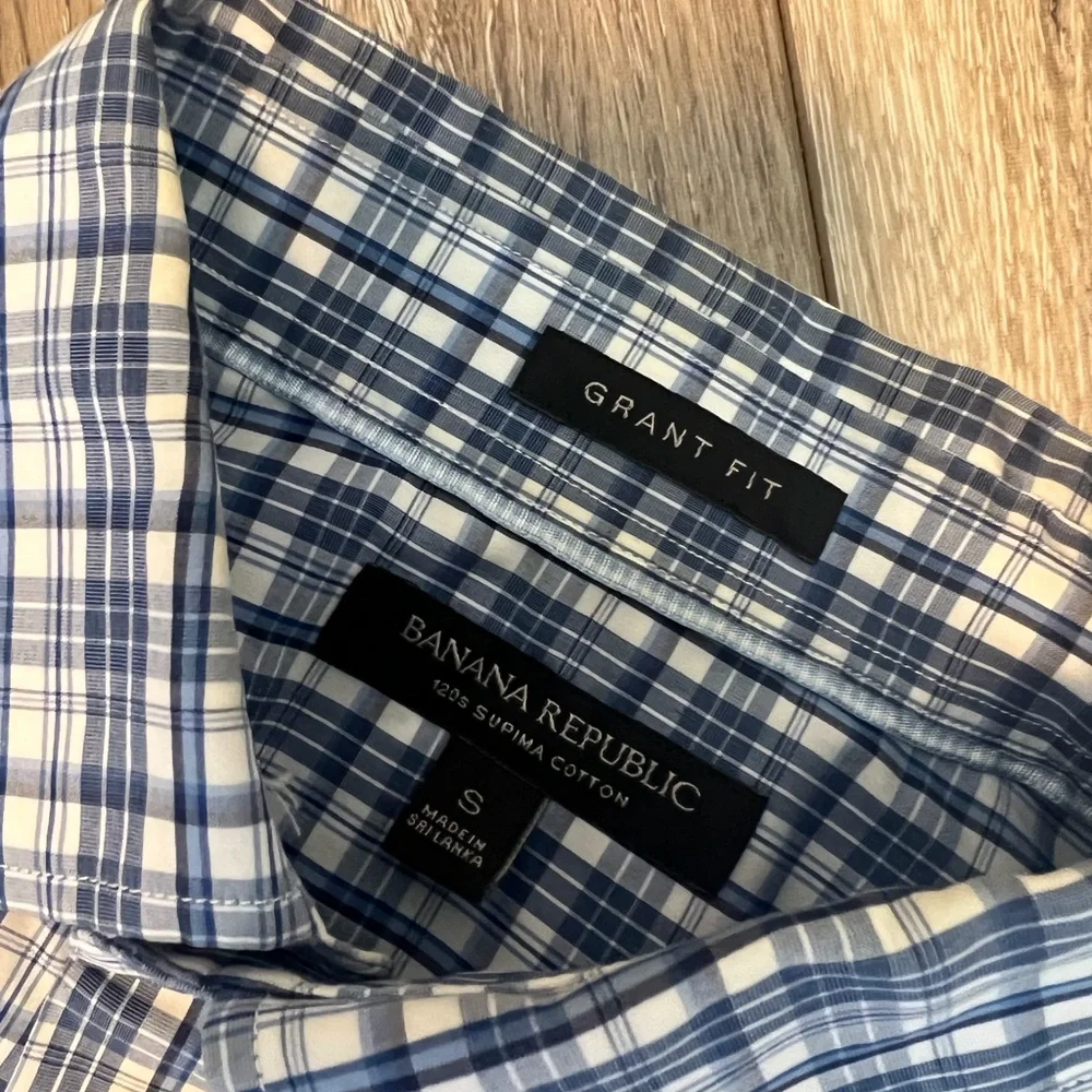 Banana Republic Grant Fit Mens Shirt Size S Blue Plaid Long Sleeve Cotton